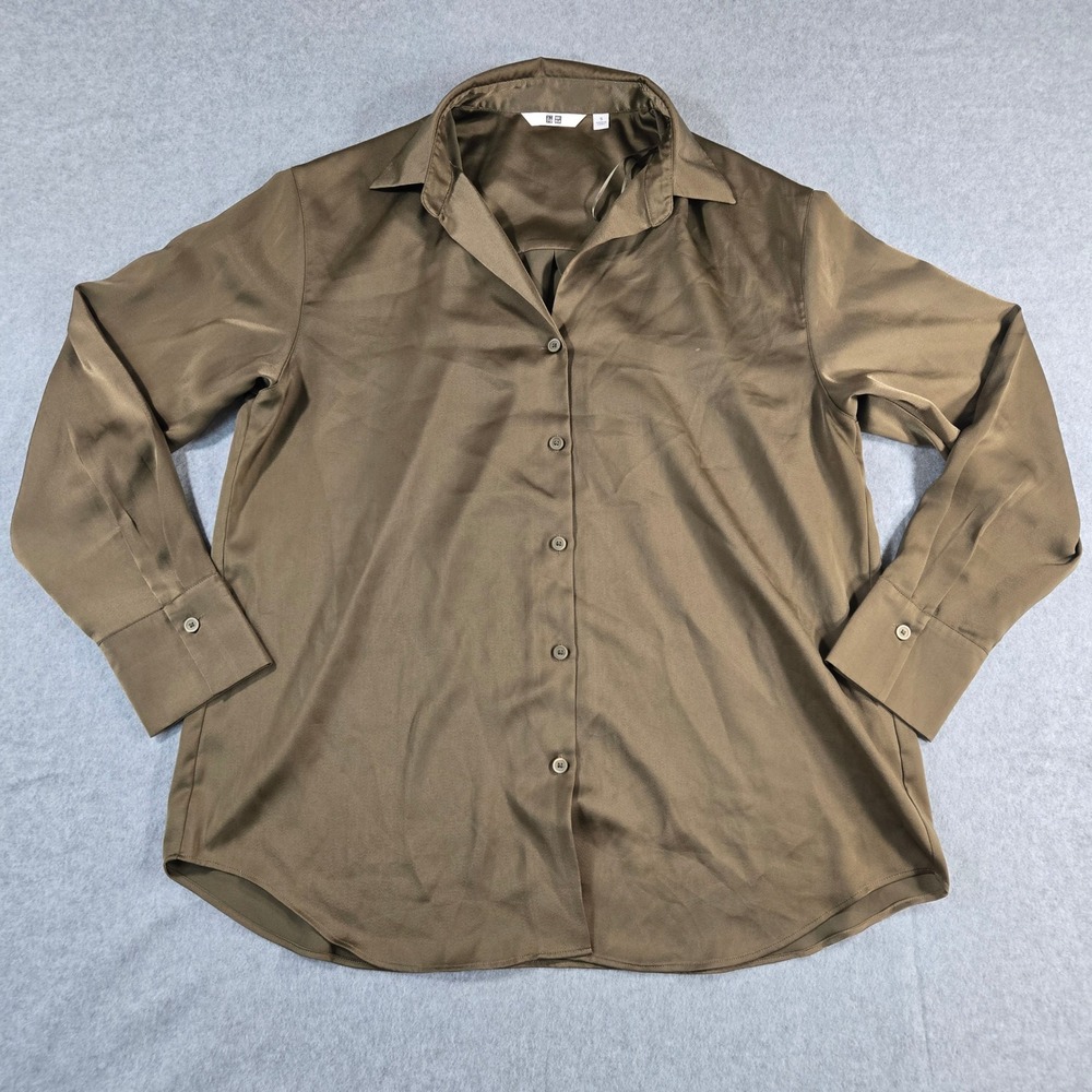 Uniqlo Womens Satin Long Sleeve Button Down Shirt Olive Brown Bronze Size S